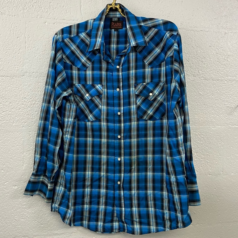 Vintage Plains Western Wear LS Blue, Black, &Gray Plaid Snap Closures size Large